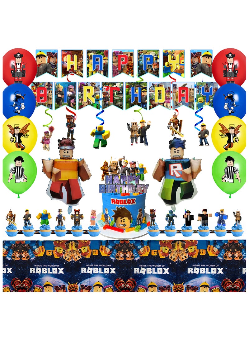 ILovhaprty Roblox Birthday Party Decorations, 35pcs Roblox Decoration Set - Roblox Balloons Banner Tablecloth Cupcake Toppers etc Roblox Birthday Party Decoration Supplies - Image 1